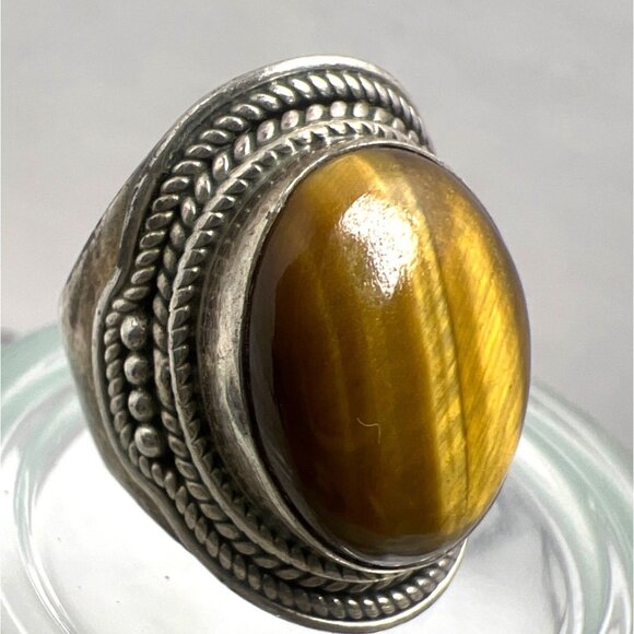 Vintage Sterling Silver Ring Tiger Eye Cabochon Ornate Detailing Boho Statement - Picture 2 of 9